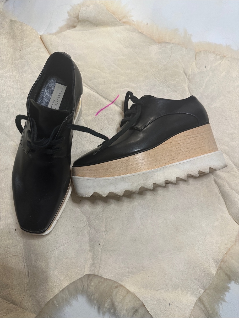 Stella McCartney Black Leather Platform Lace-Up Shoes with Wood-Look Midsole